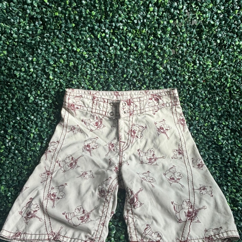 SOLD- Men's Cream Swimming Trunks with Red Buddha